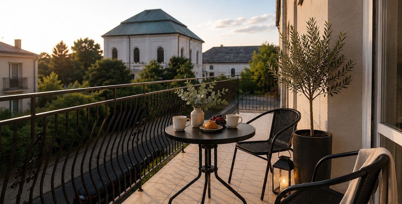 Balkon apartamentu Włodawa Spot z widokiem na synagogę o zachodzie słońca